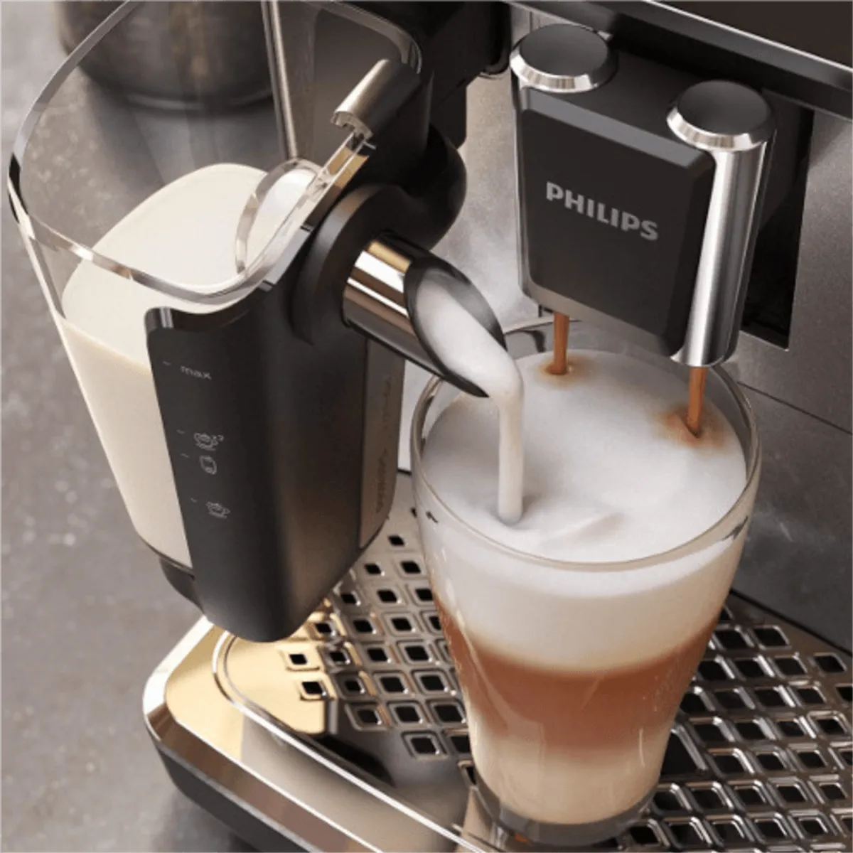 A close-up of a coffee machine, glass of latte, and milk container set on the counter. The focus is on the specialty coffee experience and the inviting ritual of morning beverages.